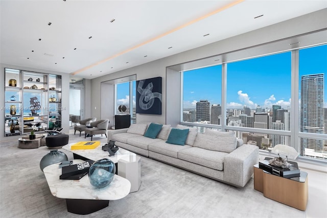 living room with light colored carpet