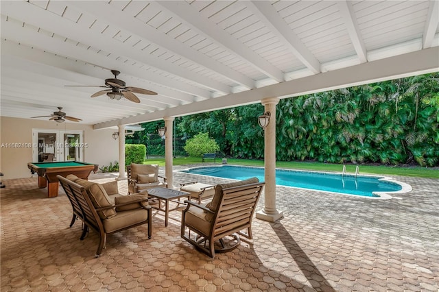 pool with a patio area, an outdoor living space, a ceiling fan, and french doors