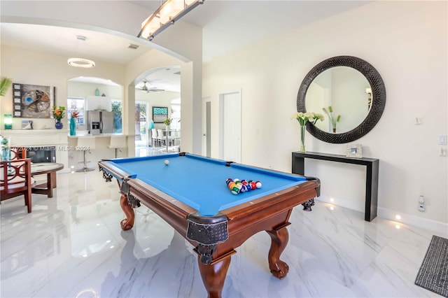 playroom with ceiling fan and billiards