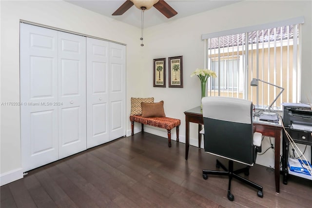 office space featuring ceiling fan and dark hardwood / wood-style flooring