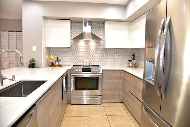 kitchen featuring stainless steel appliances, a sink, wall chimney range hood, and modern cabinets