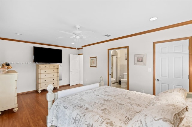 bedroom with connected bathroom, ceiling fan, crown molding, and hardwood / wood-style flooring