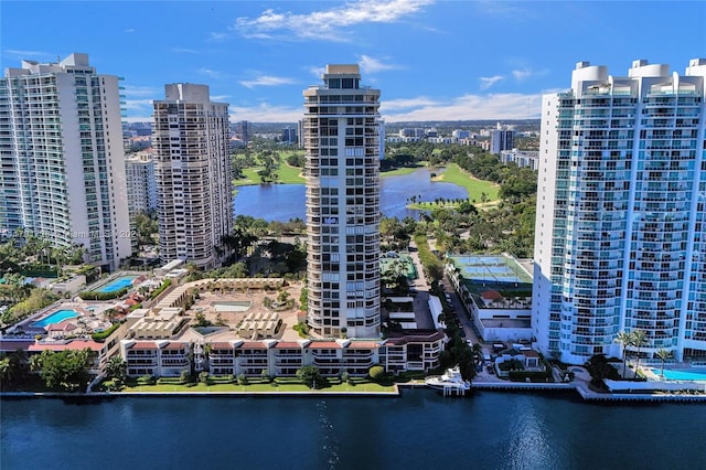 bird's eye view with a water view