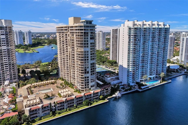 bird's eye view with a water view