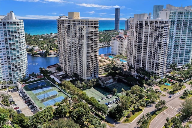 drone / aerial view featuring a water view