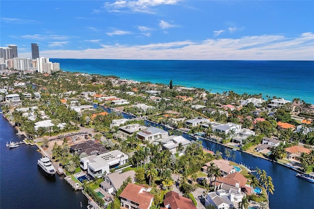 drone / aerial view featuring a water view