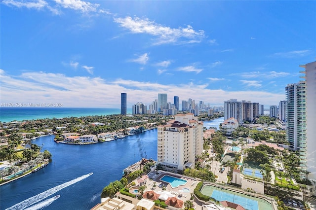 aerial view featuring a water view