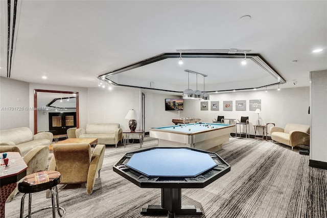 recreation room featuring light colored carpet and pool table