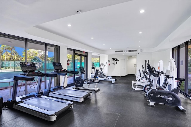 gym featuring a raised ceiling