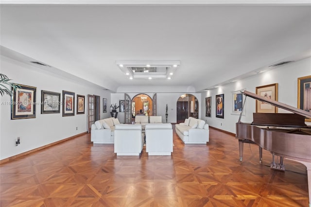 living room with parquet flooring