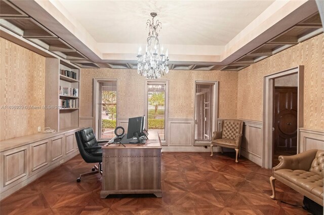 2010 NE 120th Rd, North Miami, FL 33181 - office area with a chandelier, a wainscoted wall, and built in features