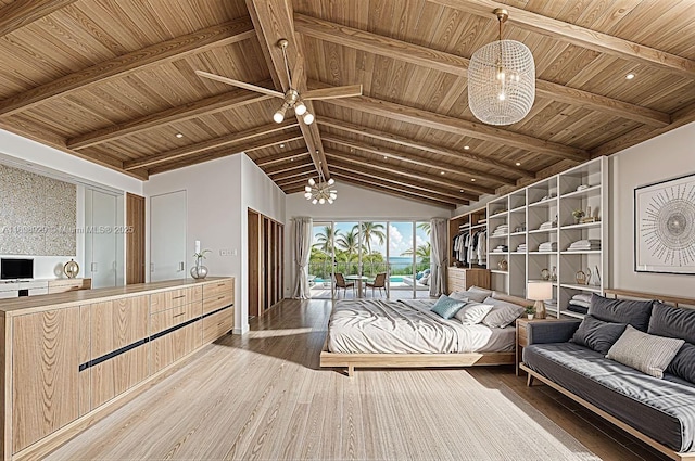 bedroom featuring hardwood / wood-style flooring, access to outside, and wooden ceiling