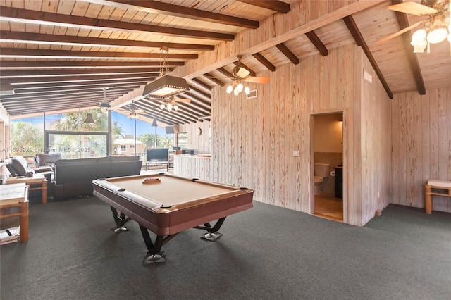 game room featuring ceiling fan, plenty of natural light, and lofted ceiling with beams