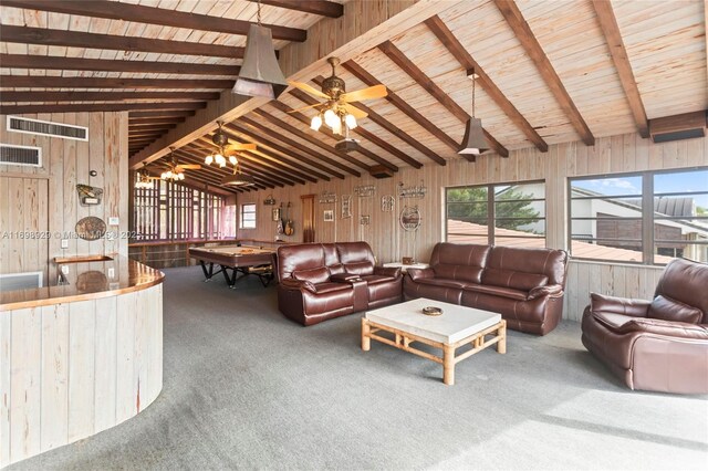 2010 NE 120th Rd, North Miami, FL 33181 - carpeted living area featuring plenty of natural light, wood walls, billiards, wood ceiling, and ceiling fan