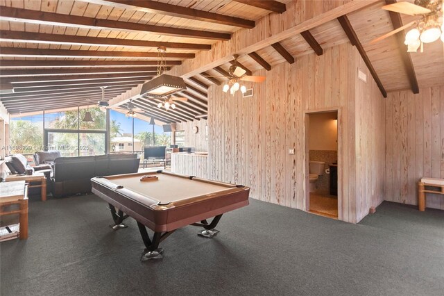 2010 NE 120th Rd, North Miami, FL 33181 - playroom featuring wood ceiling, pool table, wooden walls, carpet, and a ceiling fan