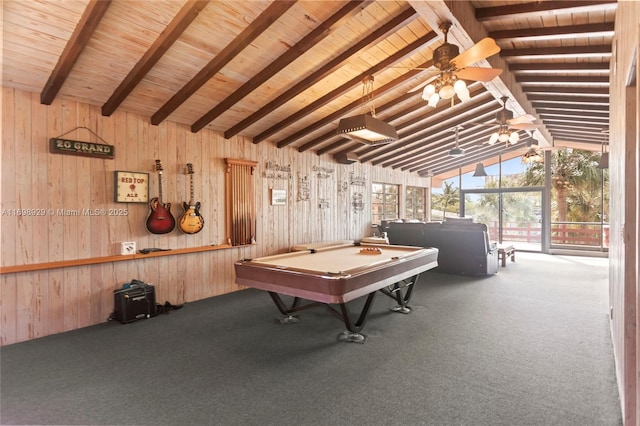 recreation room with vaulted ceiling with beams, pool table, wood walls, and carpet