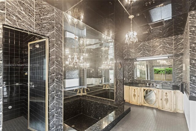 2010 NE 120th Rd, North Miami, FL 33181 - bathroom with a chandelier, tile patterned flooring, vanity, and a tile shower