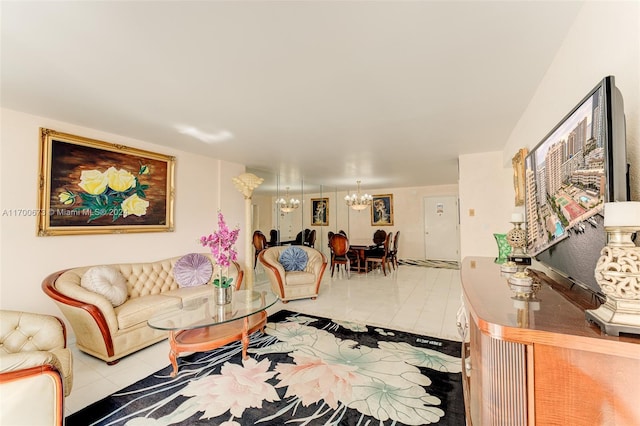 living room with light tile patterned floors and an inviting chandelier