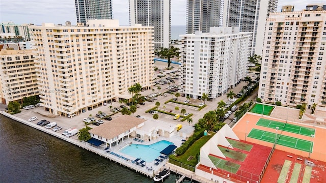 aerial view featuring a water view