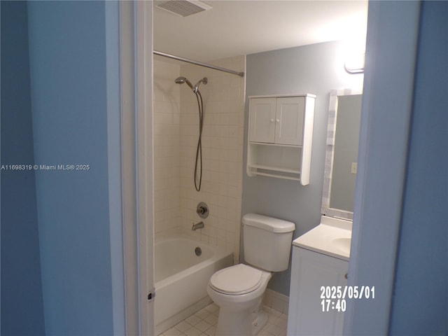 bathroom featuring visible vents, tile patterned flooring, vanity, toilet, and shower / bath combination