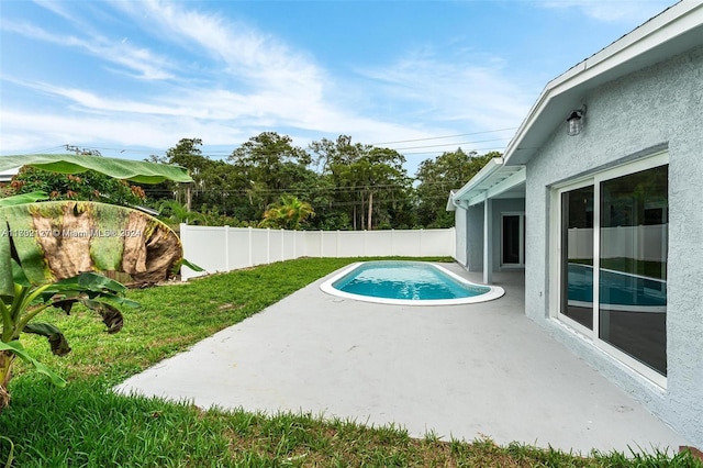 view of swimming pool with a lawn and a patio