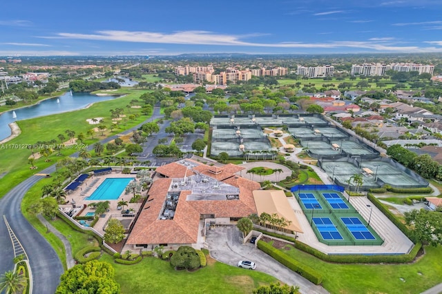 drone / aerial view with a water view