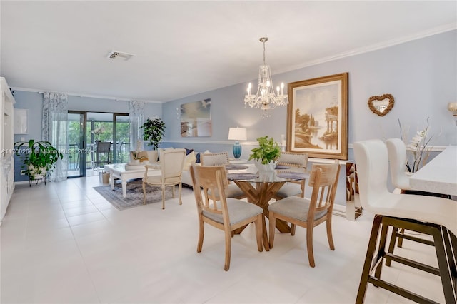 tiled dining space with ornamental molding and a notable chandelier