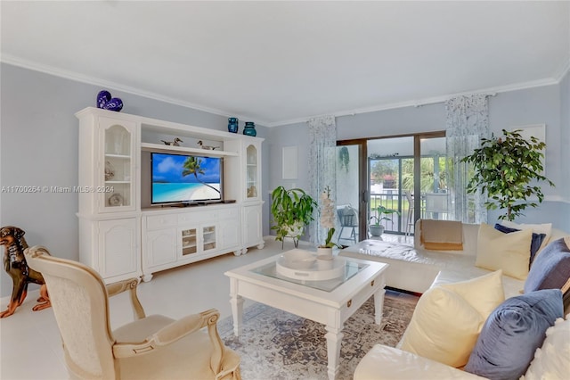 living room featuring crown molding