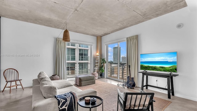 living room featuring concrete flooring