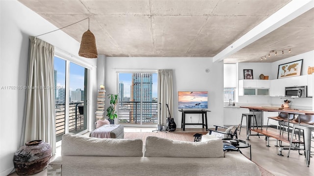 living room with concrete floors