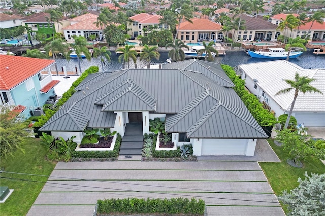 aerial view featuring a water view