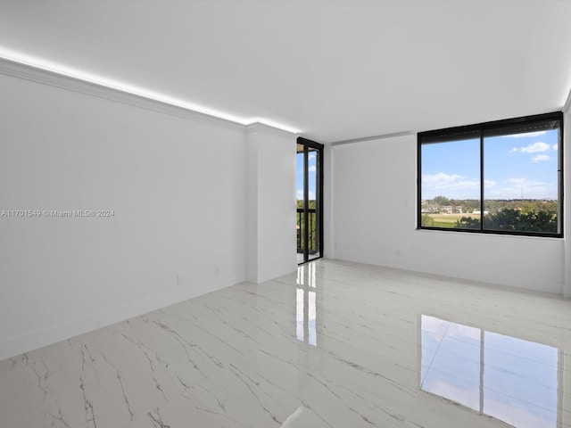 spare room with crown molding and expansive windows