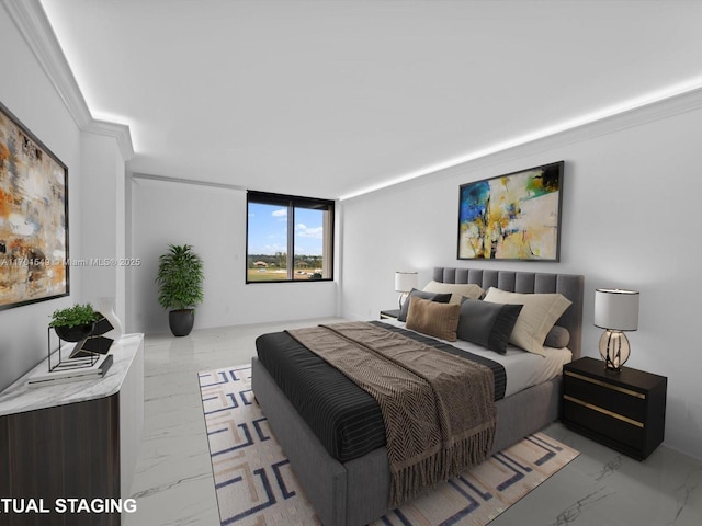 bedroom featuring marble finish floor and crown molding