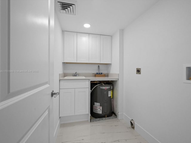 laundry room featuring laundry area, visible vents, electric water heater, marble finish floor, and electric dryer hookup