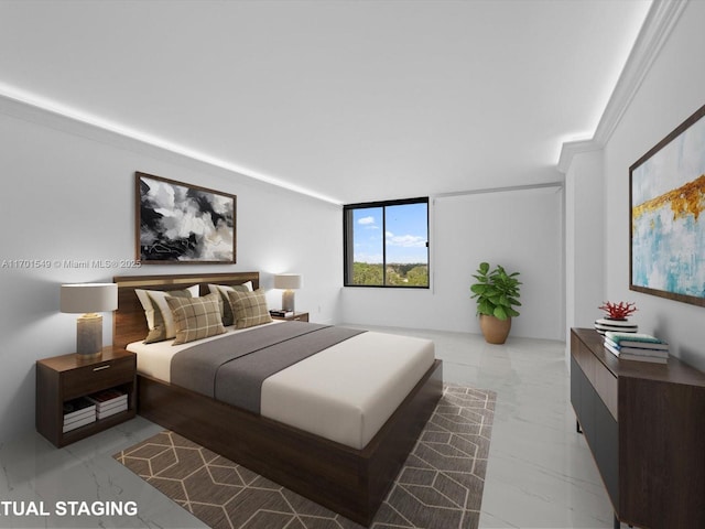 bedroom with marble finish floor and crown molding