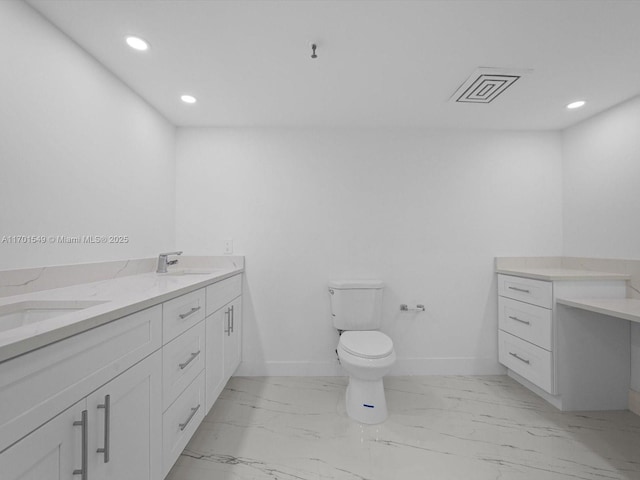 bathroom featuring double vanity, baseboards, visible vents, toilet, and marble finish floor