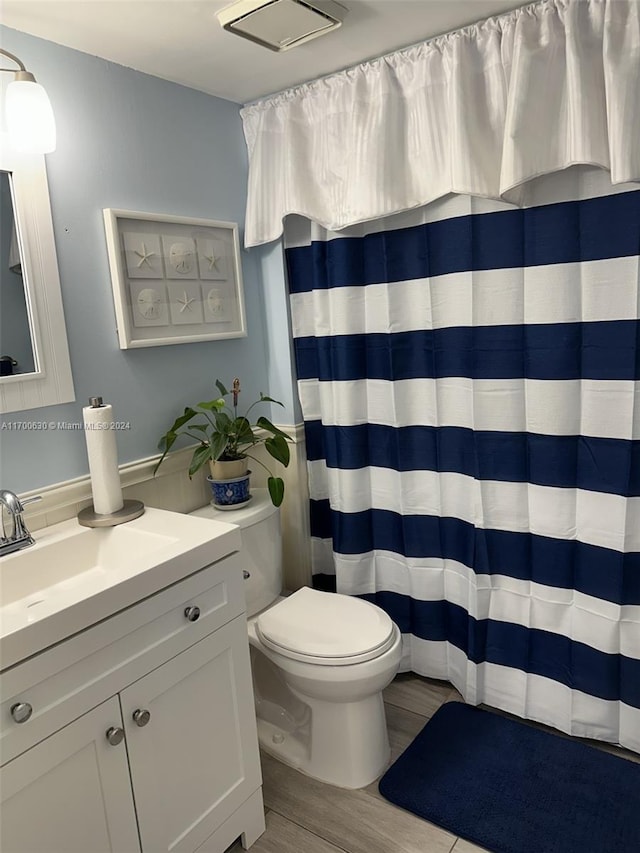 bathroom featuring vanity, toilet, and wood-type flooring