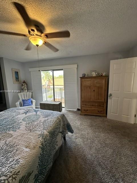 bedroom with access to outside, a textured ceiling, carpet floors, and ceiling fan