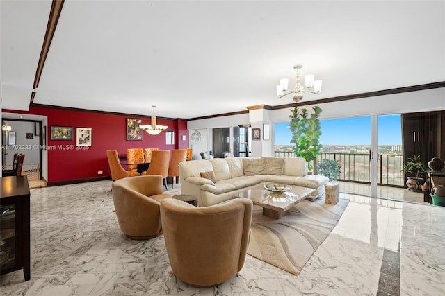 living room featuring an inviting chandelier and ornamental molding