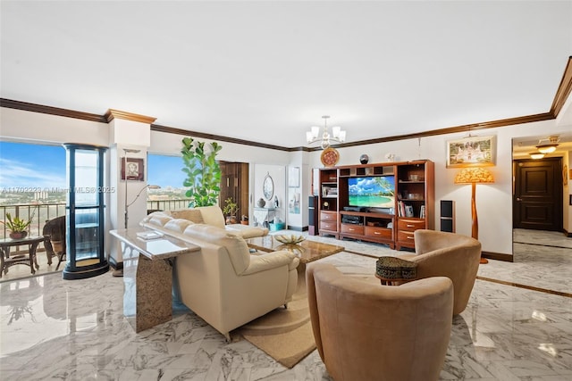 living room with a chandelier and ornamental molding