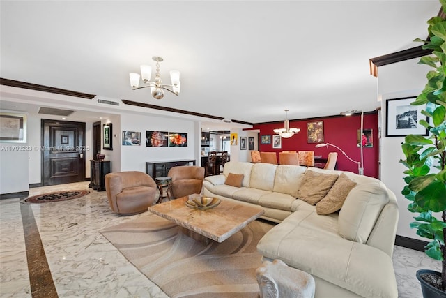 living room with crown molding and an inviting chandelier