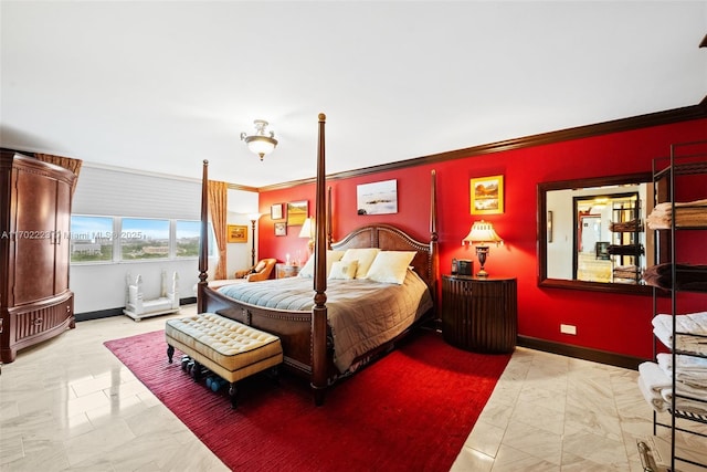 bedroom with light tile patterned floors and crown molding