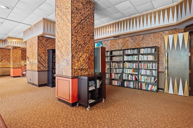 interior space featuring a drop ceiling and carpet flooring