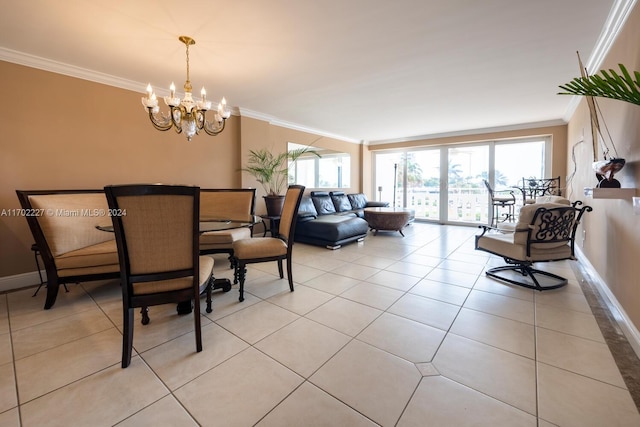 dining area featuring crown molding, light tile patterned floors, and a notable chandelier