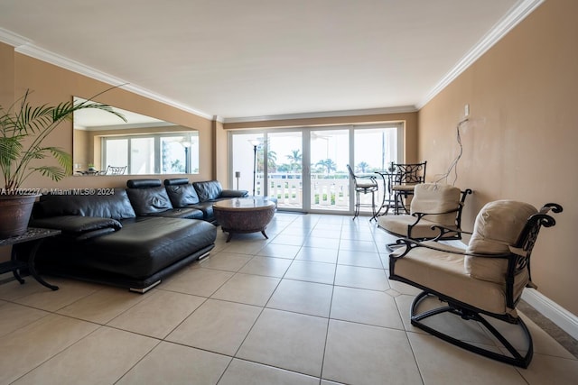 living room featuring a wealth of natural light, crown molding, and light tile patterned floors