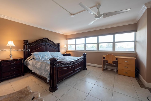 tiled bedroom with ceiling fan, crown molding, and multiple windows