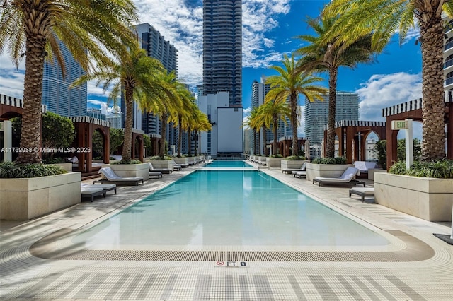 community pool featuring a view of city and a patio