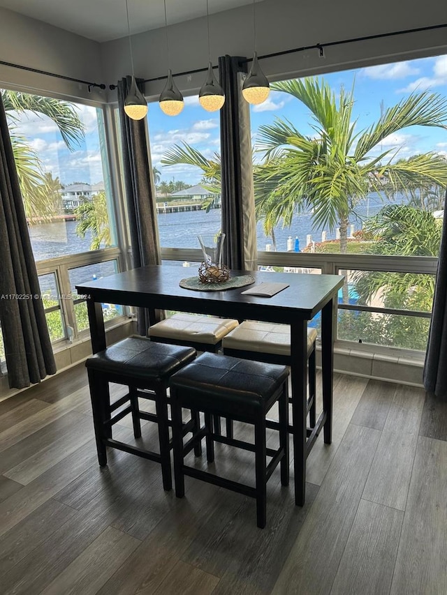 dining area featuring a water view and dark wood-type flooring