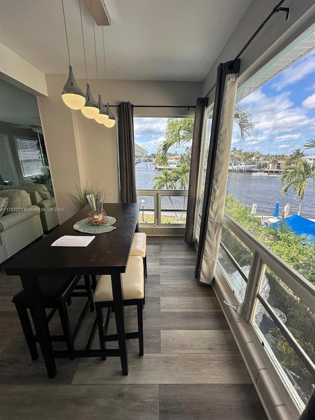 dining room featuring a water view and dark wood-type flooring