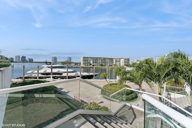 view of water feature with a boat dock